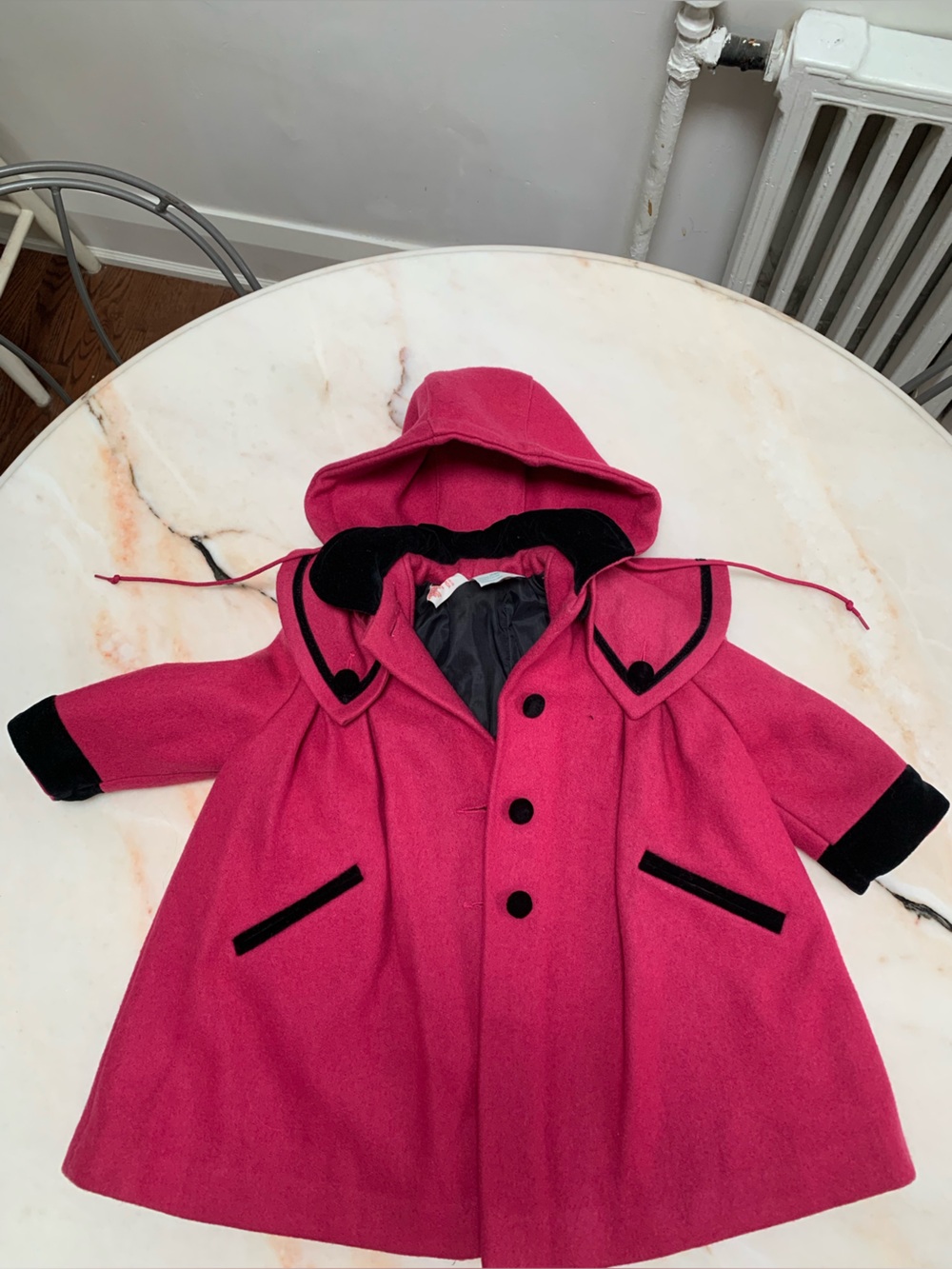 Toddler Hooded Wool-Blend Coat in Deep Pink with Black Trim